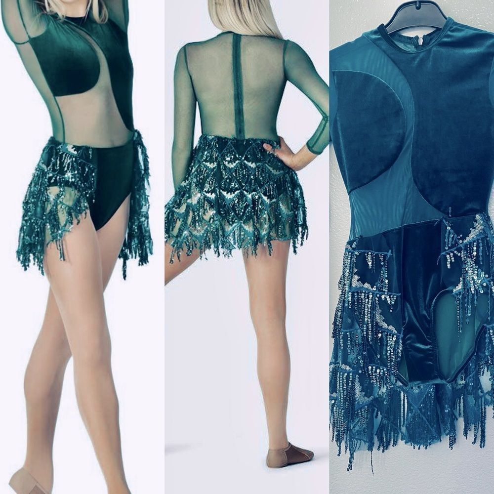 Elisse platinum dance costume lyrical ballet green velvet mesh Dress N7938C MC